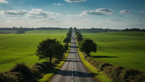 Scenic Landscape of a Tree-Lined Roadway Stretching Through Vibrant Green Fields Under a Bright Blue Sky with Fluffy Clouds