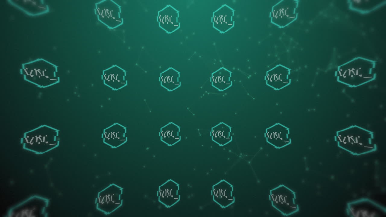 animación del texto nft en hexágonos de neón sobre formas blancas sobre fondo azul