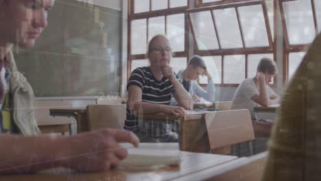 animación del procesamiento de datos financieros y el mundo sobre diversos escolares en la clase
