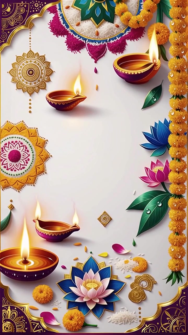 Sfondo Diwali con Diyas luminosi, Rangoli e fiori di loto