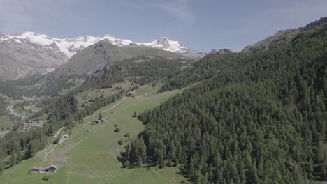 video con drone avanzando sobre un valle de los alpes con montañas nevadas al horizonte