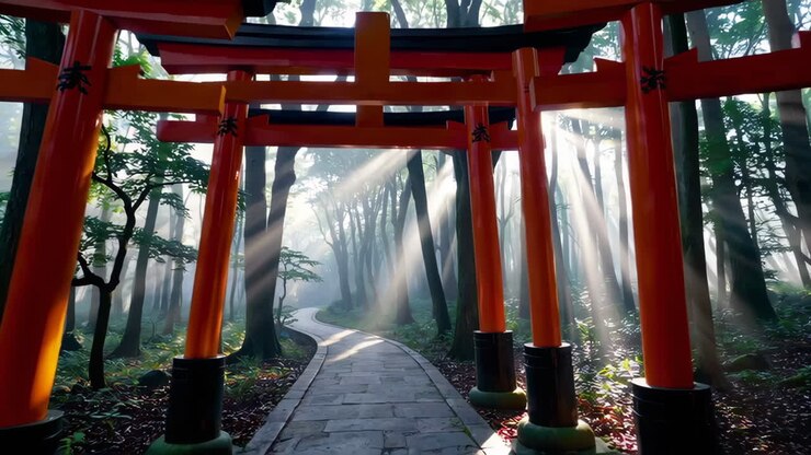 La porta di Torii in una foresta nebbiosa