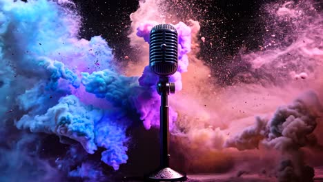 A microphone is surrounded by colorful smoke, creating a vibrant and energetic atmosphere. The microphone is the focal point of the image, drawing attention to its presence amidst the colorful chaos