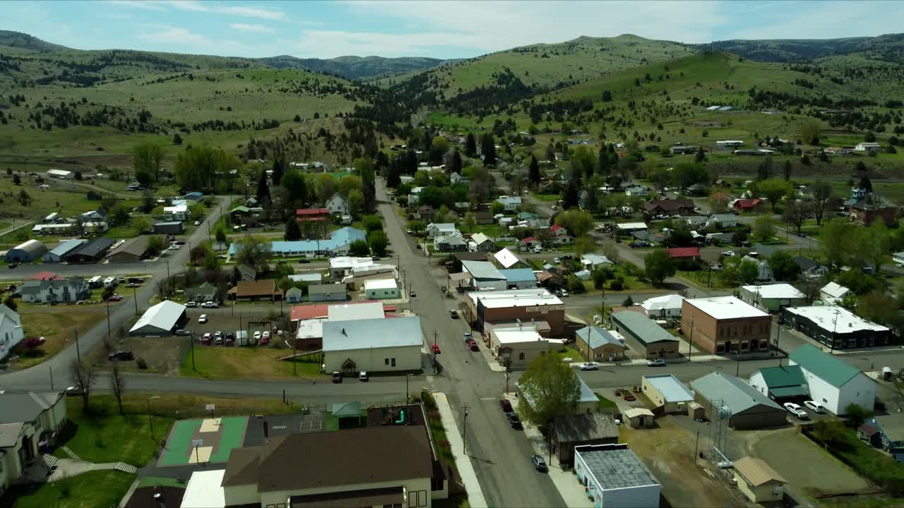 US, Oregon, Fossil, , 2025-05-07 - Drone view of the city of Fossil in north central Oregon, with the IOOF cemetary on the hill