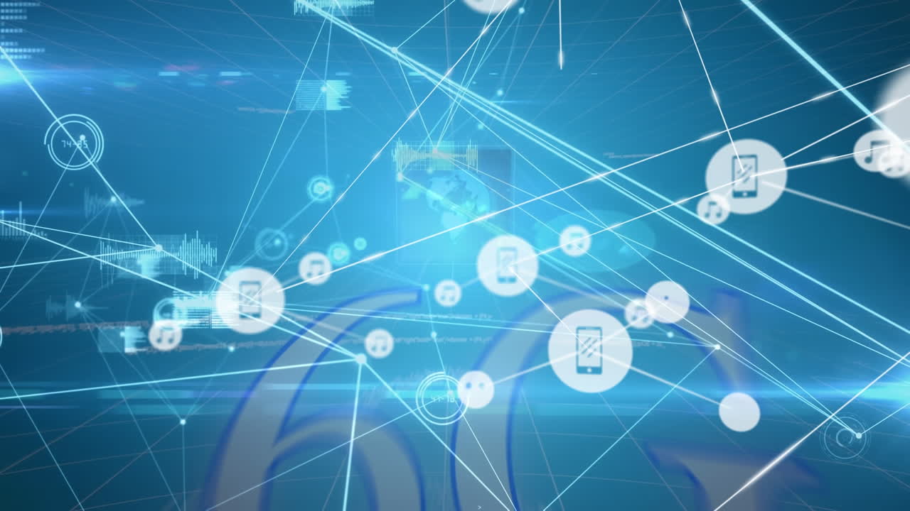 Animazione di elaborazione dati su rete di connessioni e testo 6G