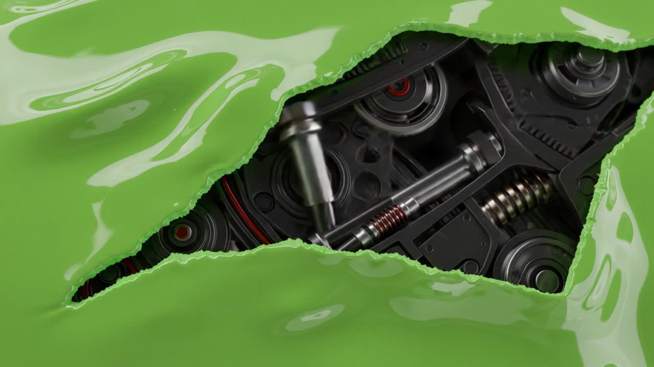 A Fascinating Close-Up of Mechanical Components Revealed Through a Layer of Bright Green Material, Showcasing Intricate Details and Textures That Spark Curiosity