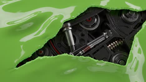 a fascinating close-up of mechanical components revealed through a layer of bright green material, showcasing intricate details and textures that spark curiosity