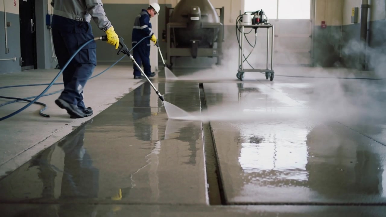 Pump starting, two workers in coveralls spraying pressure hoses cleaning workshop floor, copy space