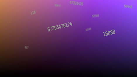 animación digital de múltiples números cambiantes que flotan contra un fondo de gradiente púrpura y naranja