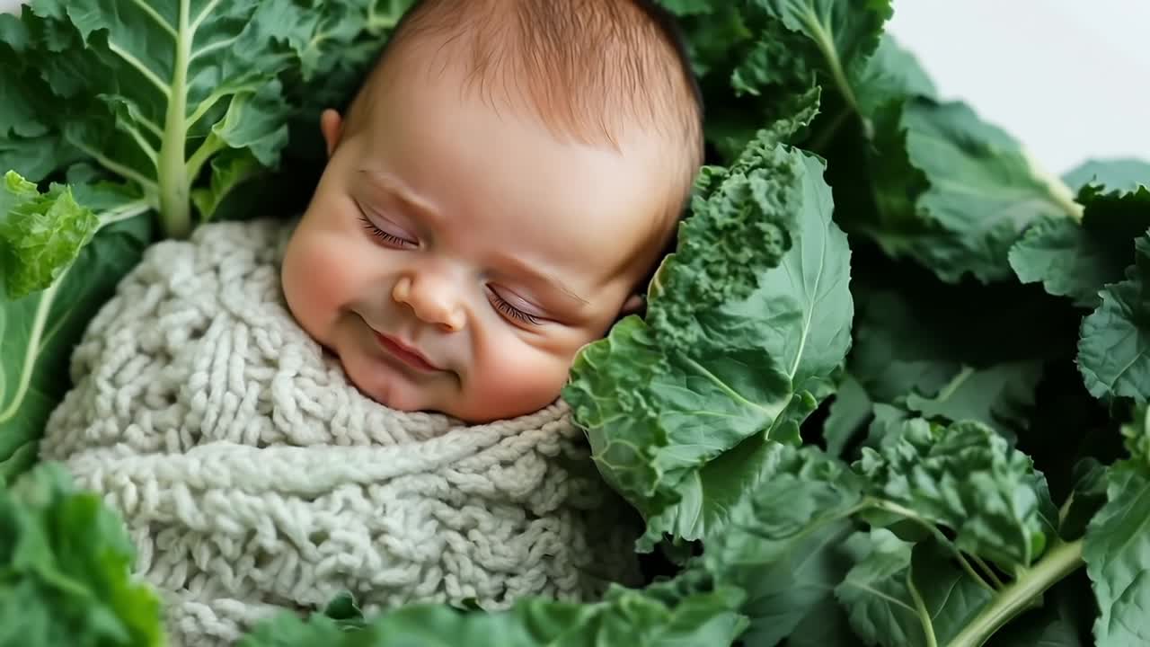 En baby innpakket i et teppe på et leie av grønne blader