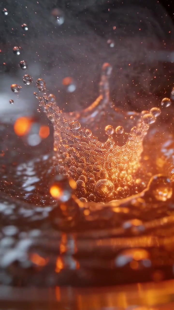 Vertical video: Forming crown splash liquid surface rippling by droplet strike under amber lab glow