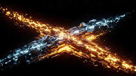 dynamic fusion of light and texture: a stunning abstract composition featuring metallic structures with contrasting orange and blue highlights in a dark environment