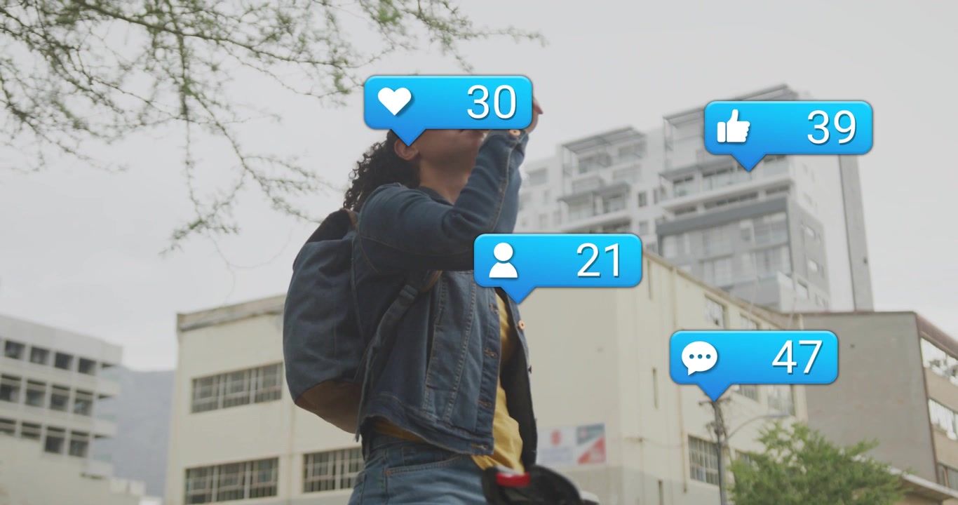Woman walking street sipping cup with bicycle causing social badges growing near phone gaining fans