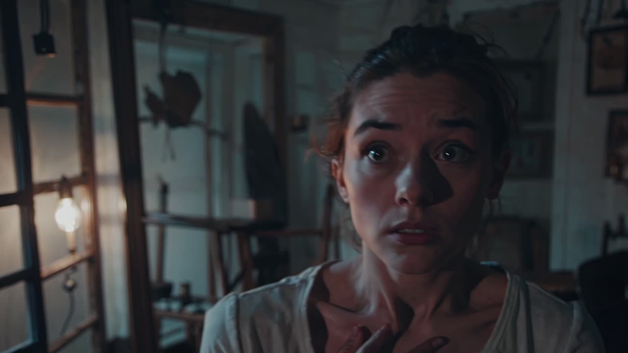 A dramatic video scene captures a woman in a dimly lit room, shot from a low angle