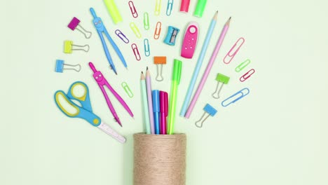 school and writing stationery move in pencil holder on green theme. stop motion