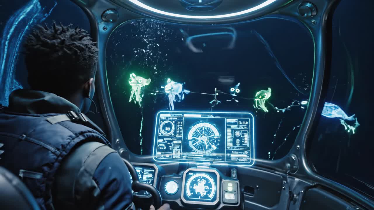 Man driving submersible with futuristic technology