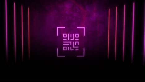 Animación-De-Código-Qr-Y-Líneas-De-Neón-Sobre-Fondo-Morado