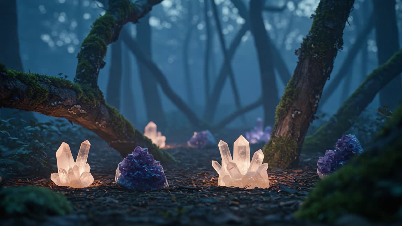 Magical Luminescent Crystals in Enchanted Forest: A Journey through Nature's Secrets and Mystical Lights Illuminating the Ancient Woods