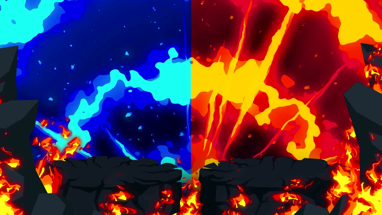 만화 불 애니메이션. 불꽃 루프 배경. 경쟁. 전투 게임.