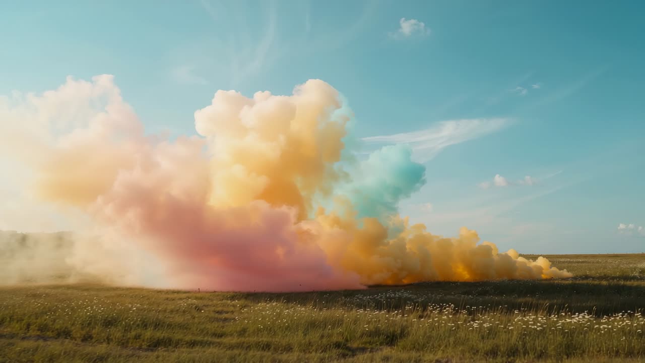 Emerging colored smoke plume rising over grassy meadow, blending three pastel hues drifting right