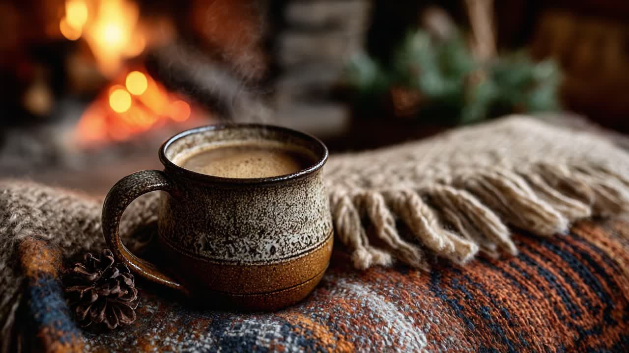 Cozy Winter Vibes: A Steaming Mug of Coffee on a Warm Knit Blanket by the Fireplace, Perfect for Chilly Evenings of Comfort and Relaxation