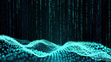 animation of vertical lines of blue particles and undulating 3d landscape on black background