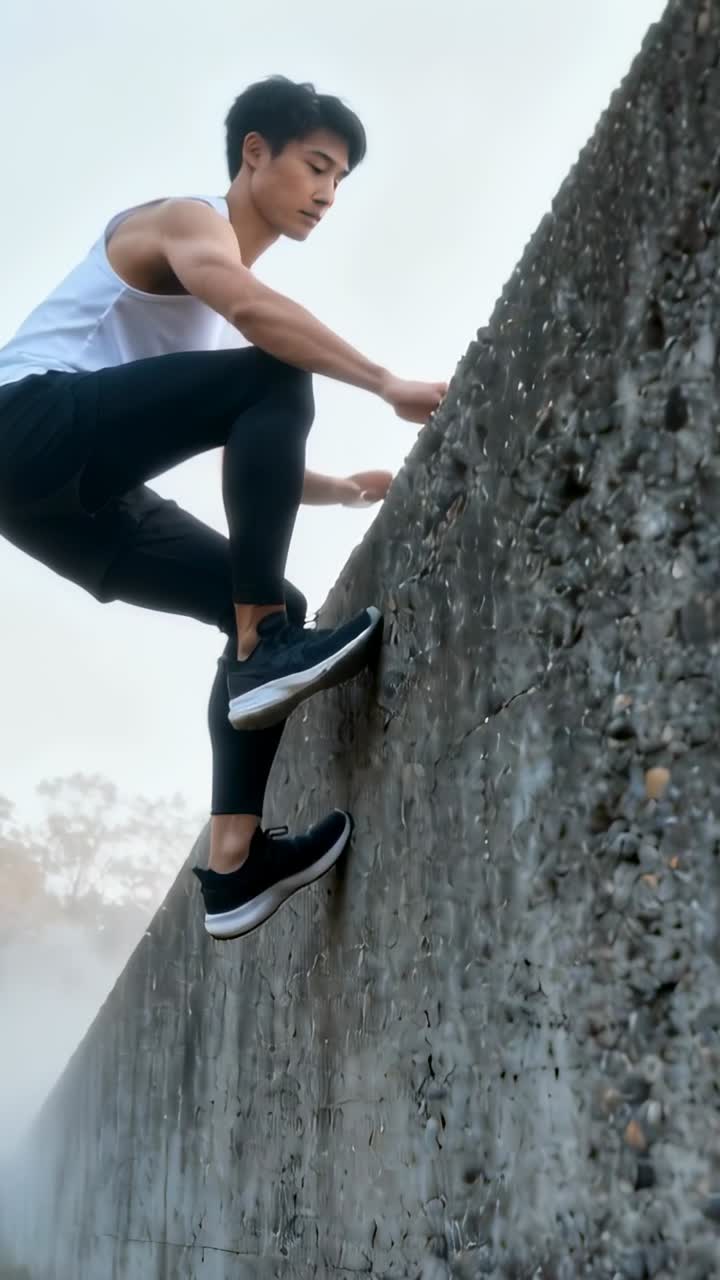 Vertical video: Climber pulling on wall placing right foot on lip, training, white tank, copy space