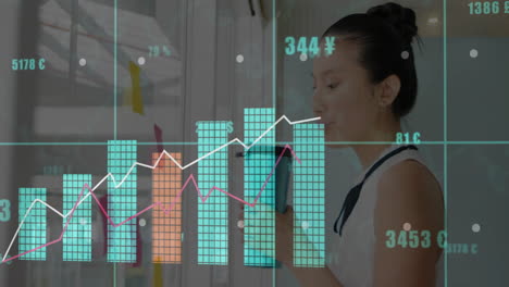 Analyzing financial graphs and animation, businesswoman working in modern office