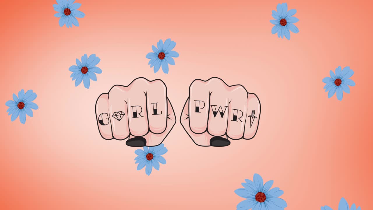 여자 주먹에 대한 소녀 힘의 애니메이션 텍스트, 떨어지는 꽃 위