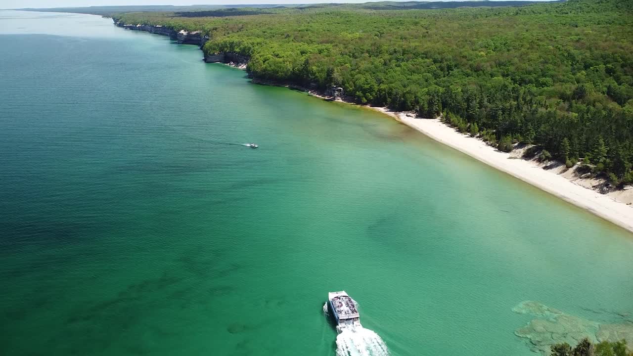 Aerial of Tour Ferry Boat on Lake Superior - Pictured Rocks National Lakeshore