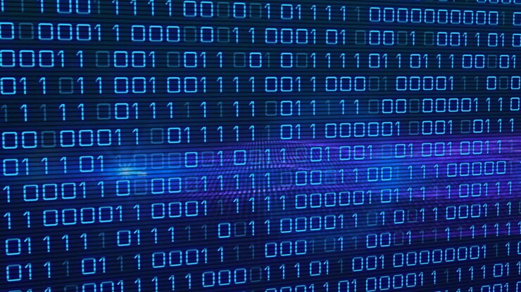 Digital animation of binary coding data processing and spot of light against blue background