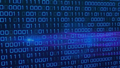 digital animation of binary coding data processing and spot of light against blue background