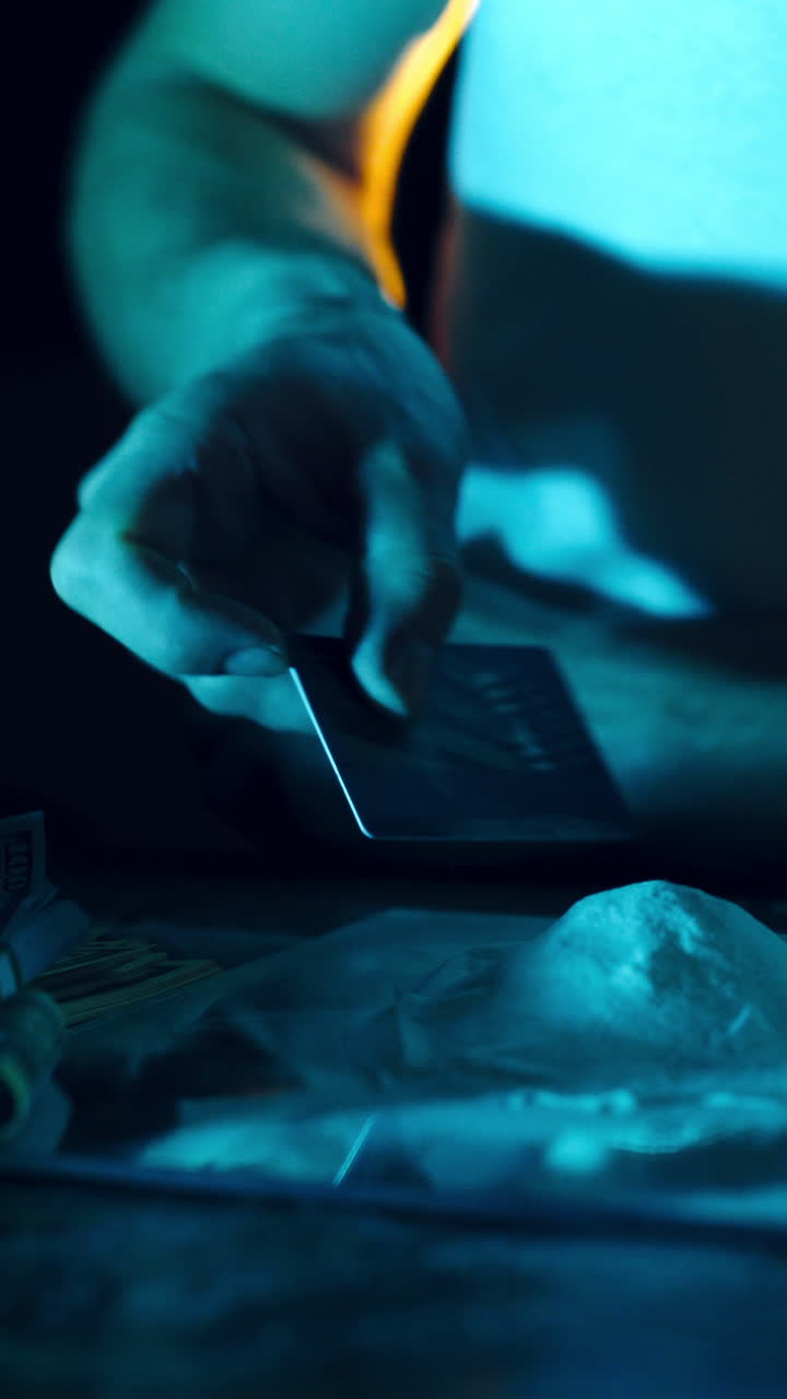 Drug addict preparing cocaine lines. Cocaine powder sorted. Concept of drug abuse. Social problems Vertical video