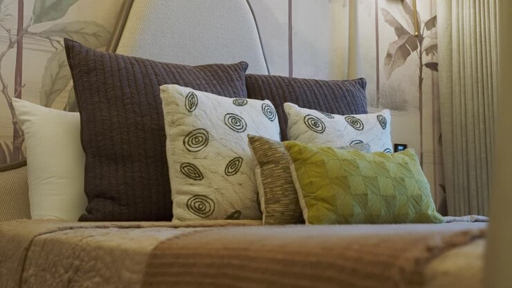Cama con cojines decorativos - Interior de dormitorio