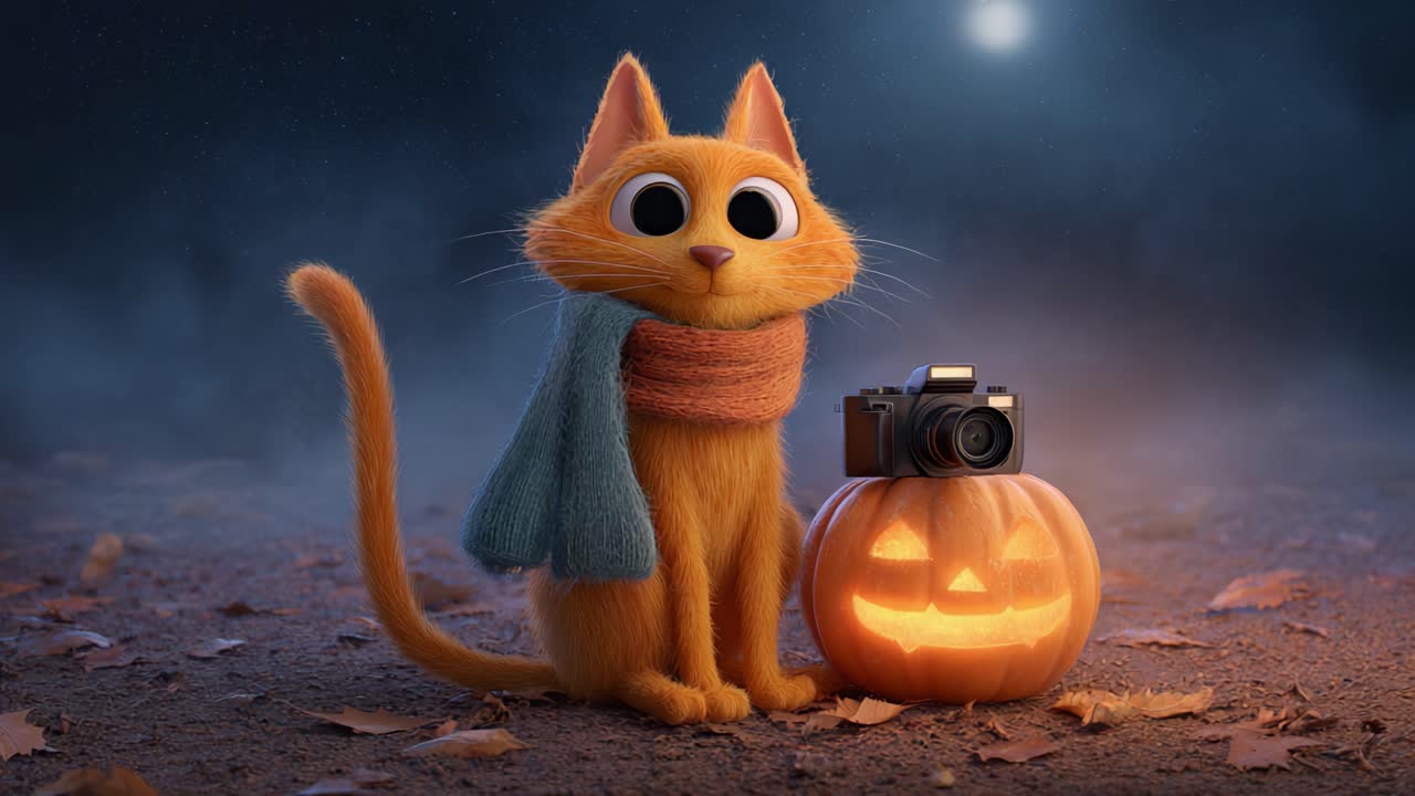 Un adorabile gatto dei cartoni animati circondato da festività di Halloween, che tiene in mano una macchina fotografica accanto a una zucca intagliata in un'atmosfera spettrale.