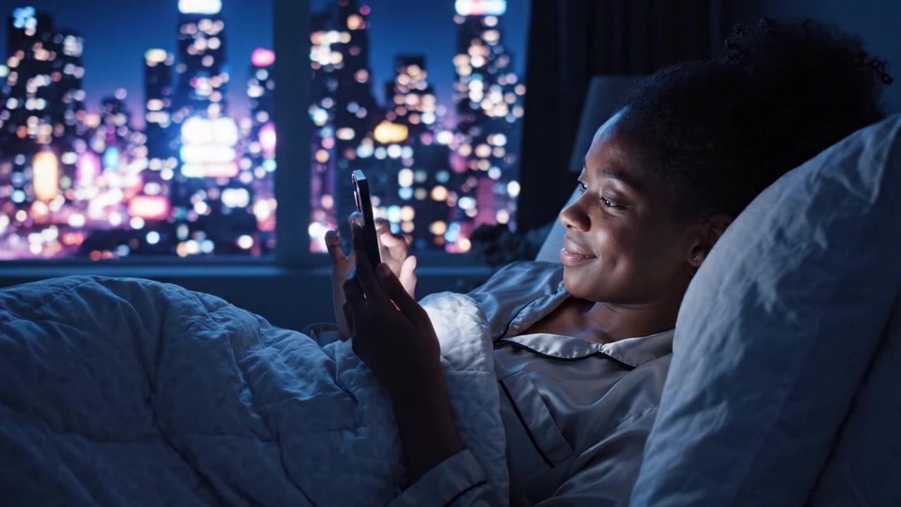 A Relaxing Night In: A Young Woman Enjoys Her Evening in Bed While Engrossed in Her Smartphone with a Stunning City Skyline as a Backdrop