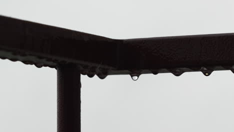 raindrops falling from a handrail against blurred background of gray sky - close-up shot