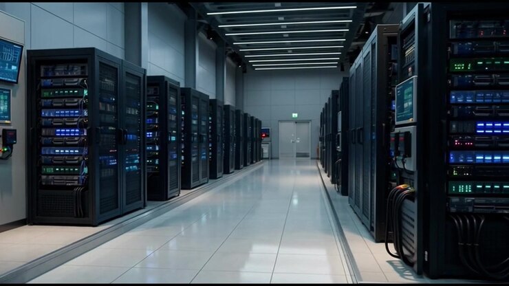 Modern Server Room with Rows of Network Equipment