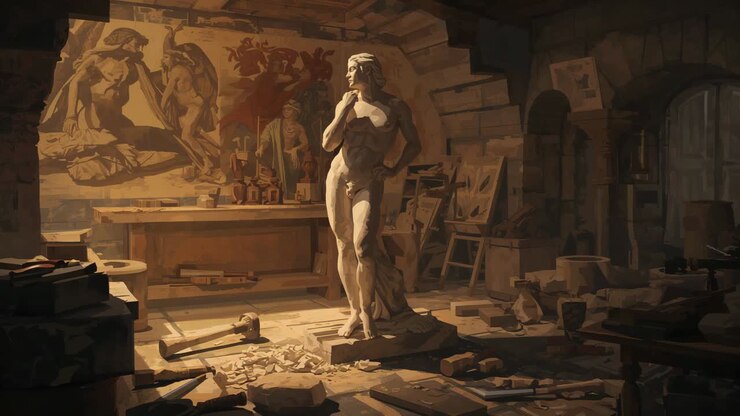 Avvio della registrazione della camera, inquadratura dello studio dello scultore per documentare statue e murales sotto una luce calda