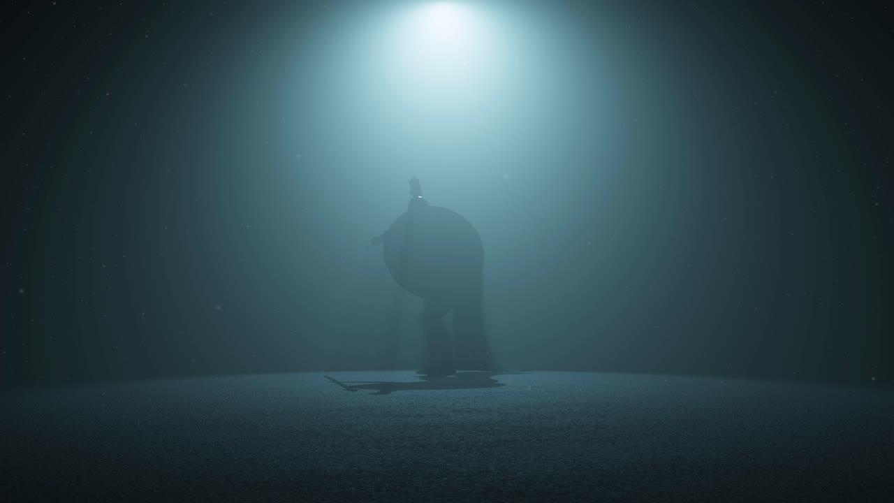 древнегреческий воин гоплит готов сражаться в темном пространстве, с объемным светом за ним и частицами пыли, плавающими, 3d-анимация, передний вид, камера медленно приближается