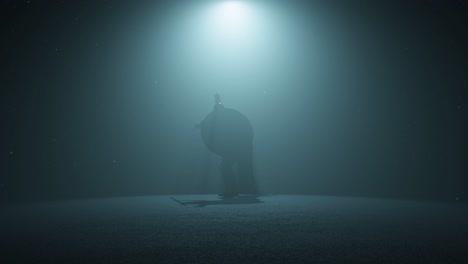 ancient greek warrior hoplite ready to fight inside a dark space, with volumetric light behind him and dust particles floating, 3d animation, front view, camera zoom slowly