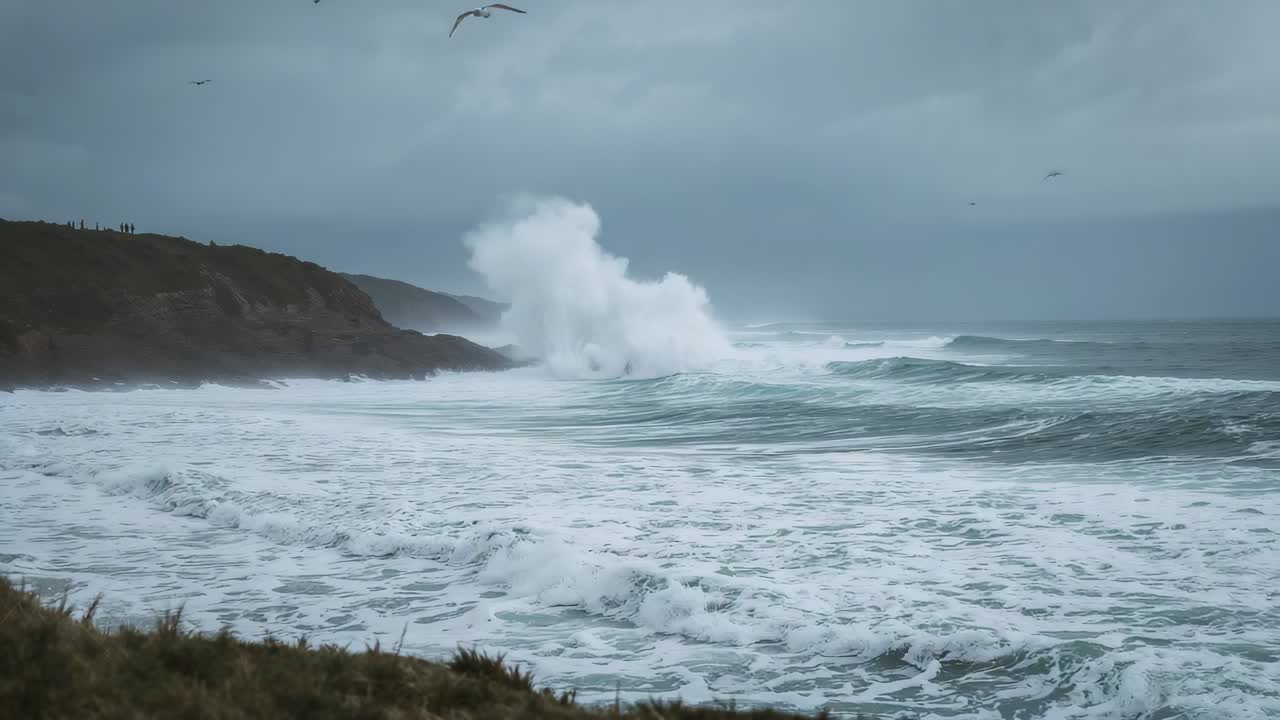Wave traveling toward grassy headland cresting then crashing rocky cliff face sending sea spray