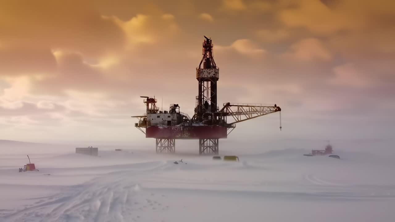 A Remote Oil Rig Stands Resilient Amidst the Harsh Arctic Landscape, Bathed in the Golden Glow of a Dusk Twilight, Highlighting Human Ingenuity in Extreme Conditions
