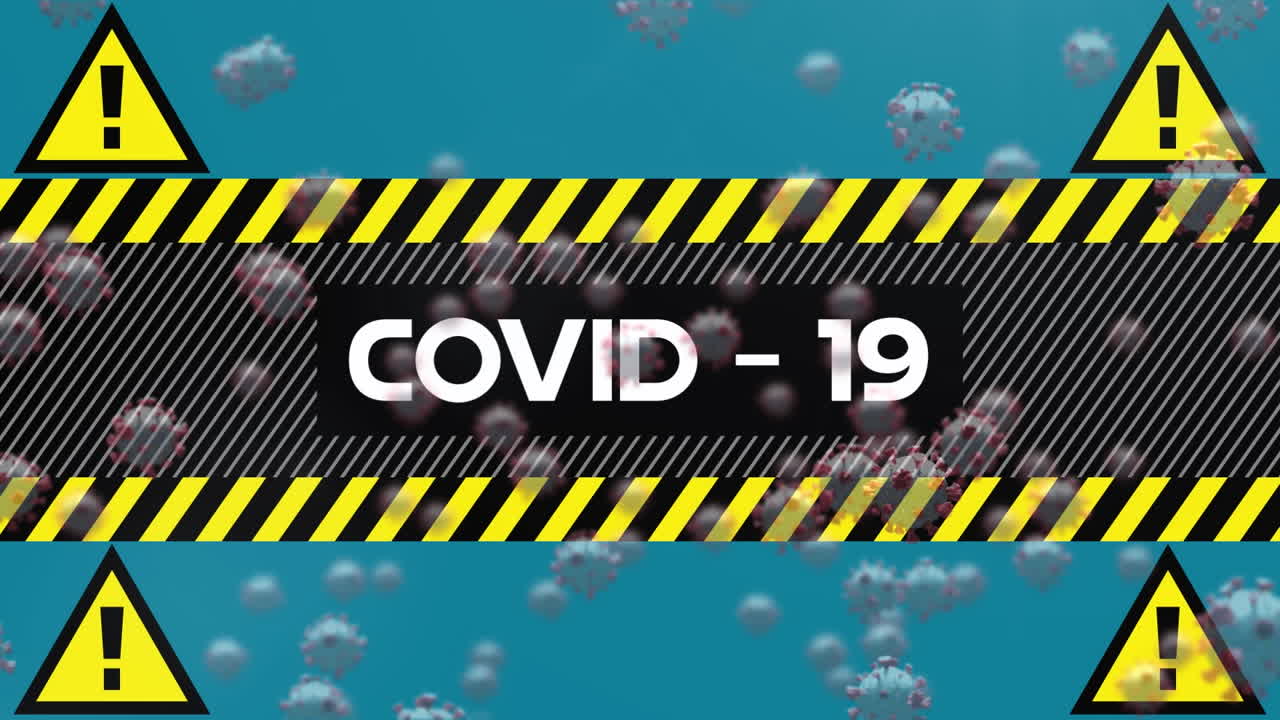 코로나 19 세포의 애니메이션과 경고 테이프와 삼각형의 텍스트