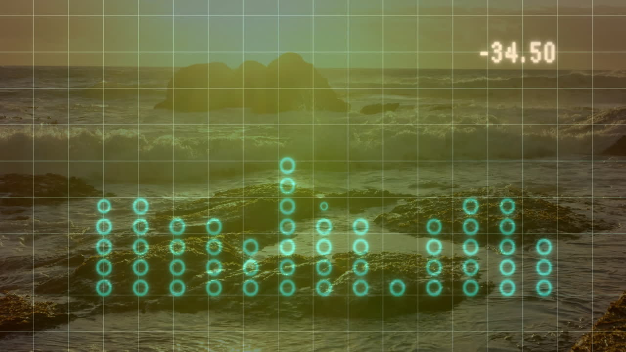 Animation showing digital data visualization over ocean waves with grid and numbers
