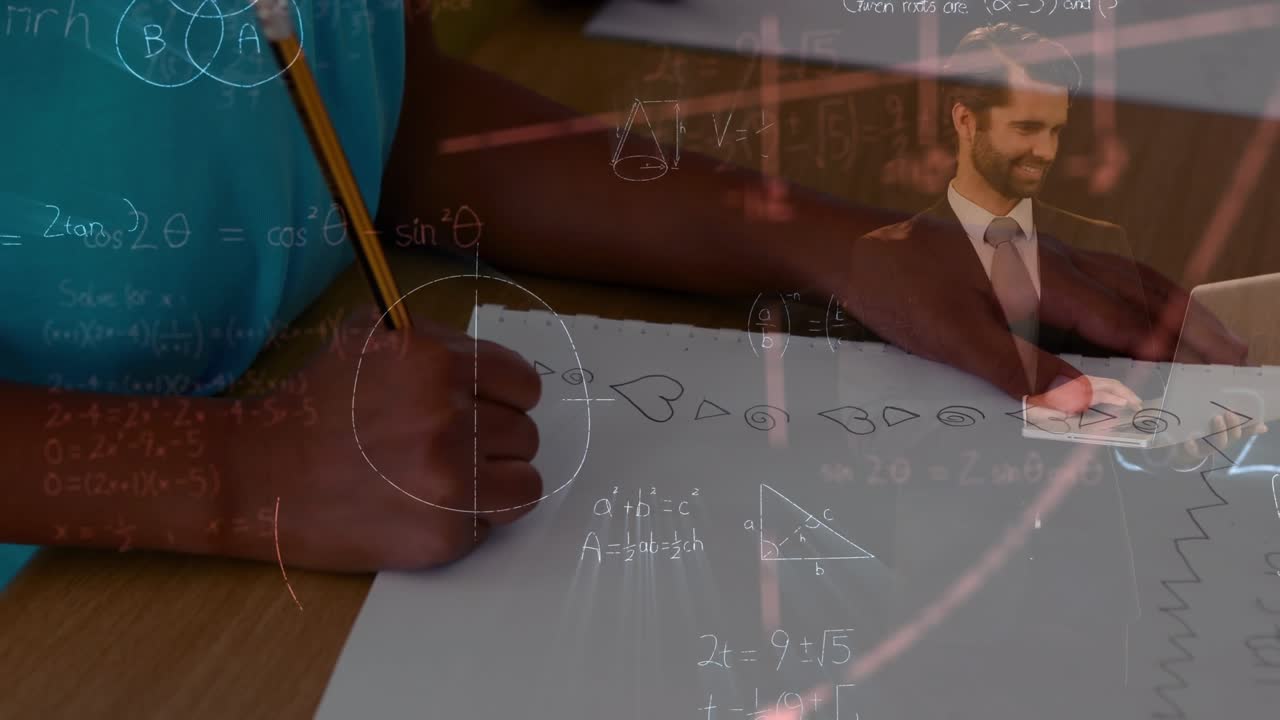 Animation of caucasian businessman and math formulas over hands of african american child writing