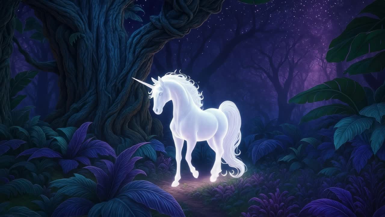 A glowing unicorn stands in an enchanted forest at night. The video captures a magical atmosphere