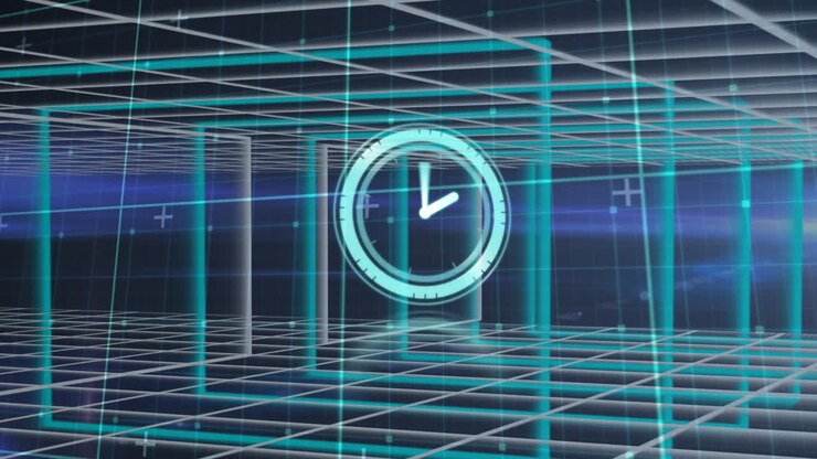 Animation of clock moving over blue space with squares