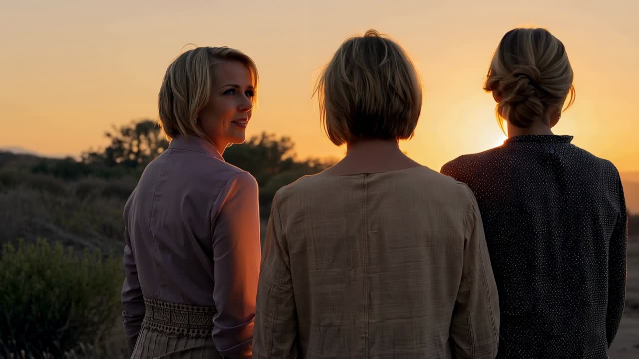 Drie vrouwen in jassen staan op een heuvel, kijken naar de ondergaande zon, draaien en praten, terwijl een zonnestraal verschuift.