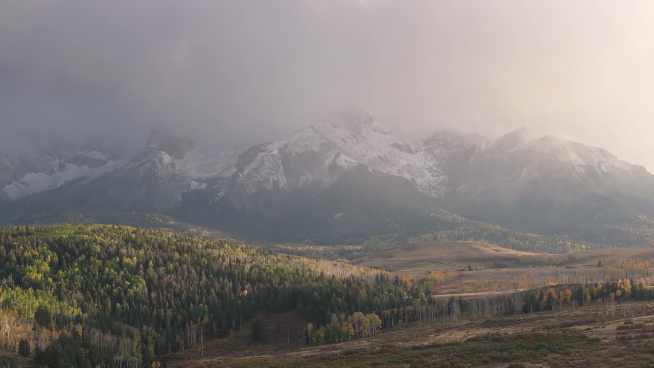 Aerial wide panorama of Rocky Mountains scenery around Telluride during Fall season in United States